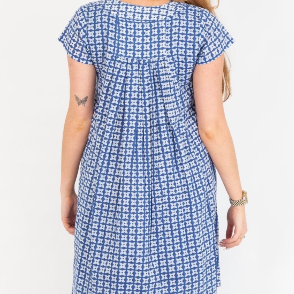 ZEN‎ ETHIC Women's Pistil V Neck A Line Blue White Block Print Patterned Dress L - Picture 13 of 16